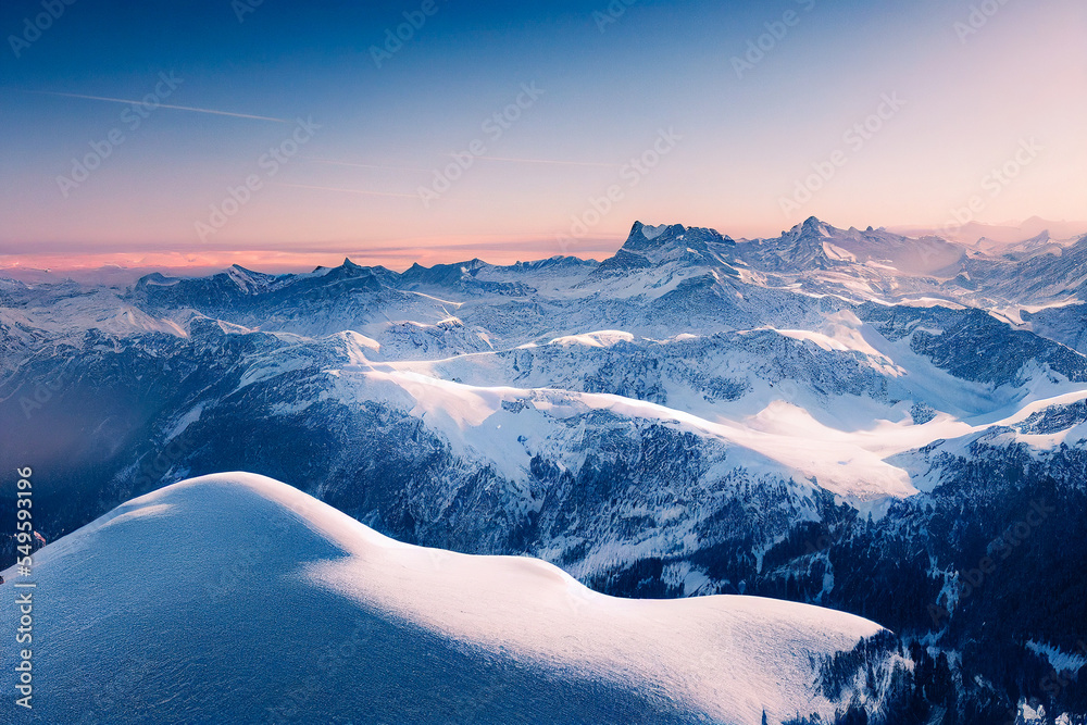 无人机拍摄的雪山鸟瞰图，展示了冬季山脉壮观的高山景观