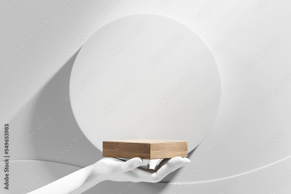 Abstract Modern Hand and Wood Podium Platform For Product Display Showcase 3D Rendering