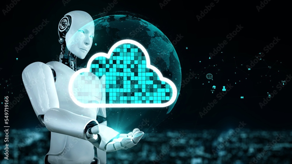 AI robot huminoid uses cloud computing technology to store data on online server . Futuristic concep