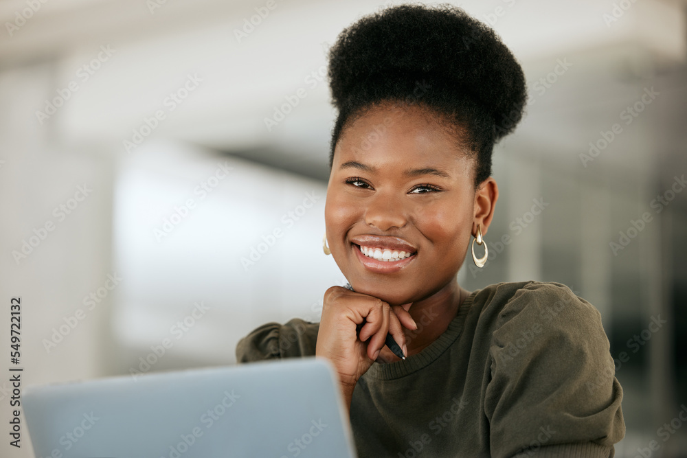 Portrait of black woman, office employee and laptop for email communication, business professional a