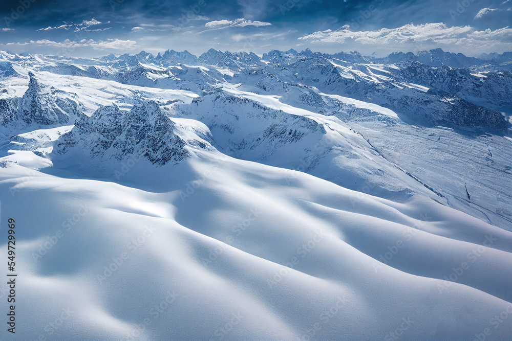 无人机拍摄的雪山鸟瞰图，展示了冬季山脉壮观的高山景观