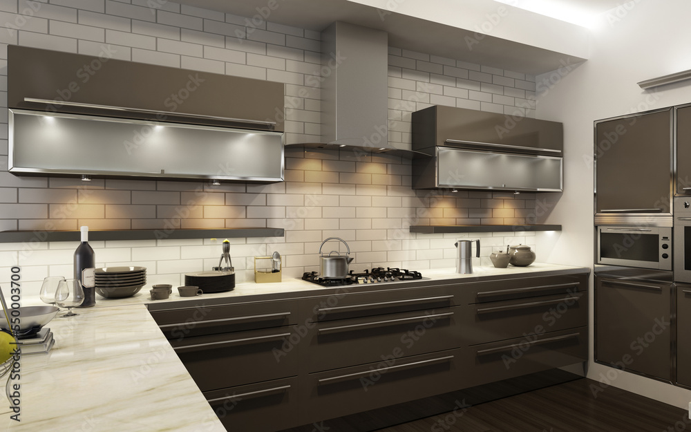 Modern interior of kitchen with living room. 3d render	