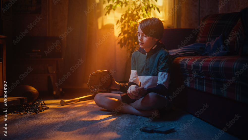 Young Sports Fan Playing with Baseball Ball and Glove at Home in Living Room with Dated Interior. Ha