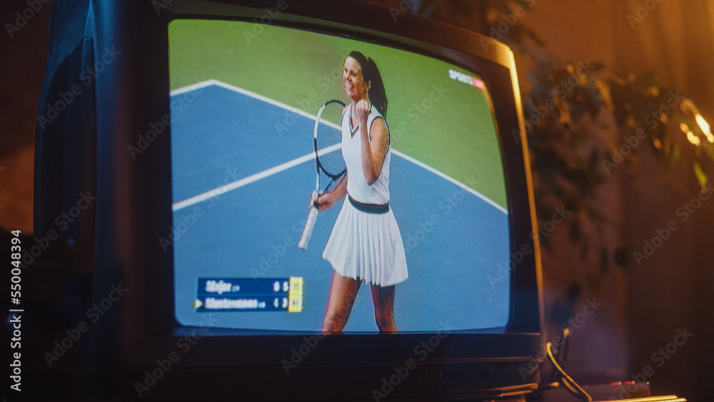 Close Up Footage of a Dated TV Set Screen with Live Sports Tennis Match Broadcast. Athletic Female P