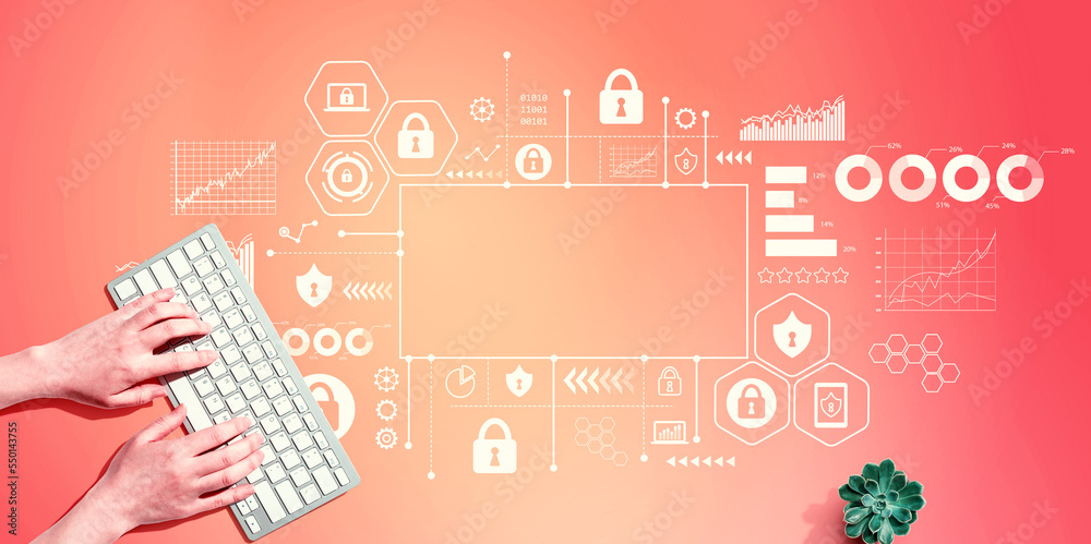 Cyber security theme with person using a computer keyboard