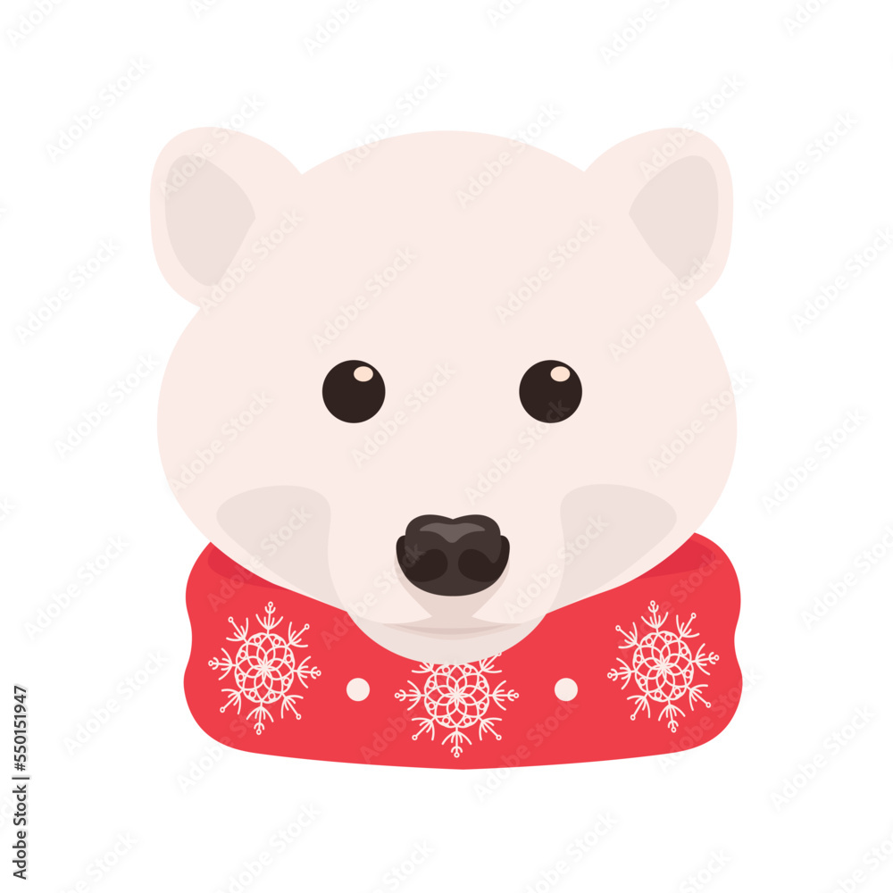 Funny polar bear in warm scarf on white background