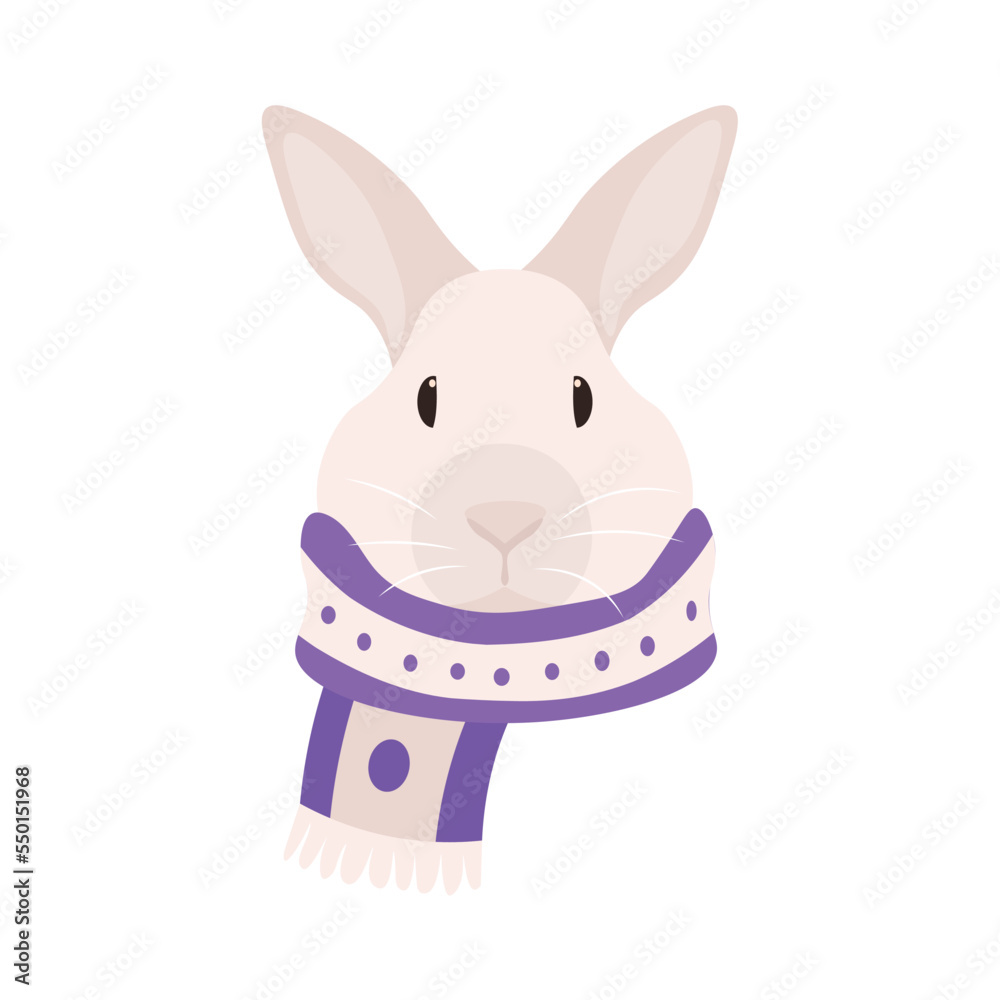 Funny rabbit in warm scarf on white background