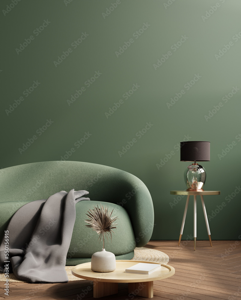 Wall mockup in dark tones with green sofa on green wall background.