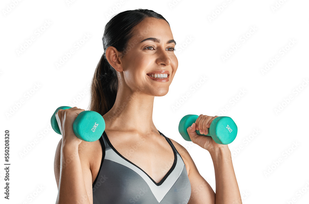 Studio shot of a sporty young woman exercising with dumbbells isolated on a transparent png backgrou