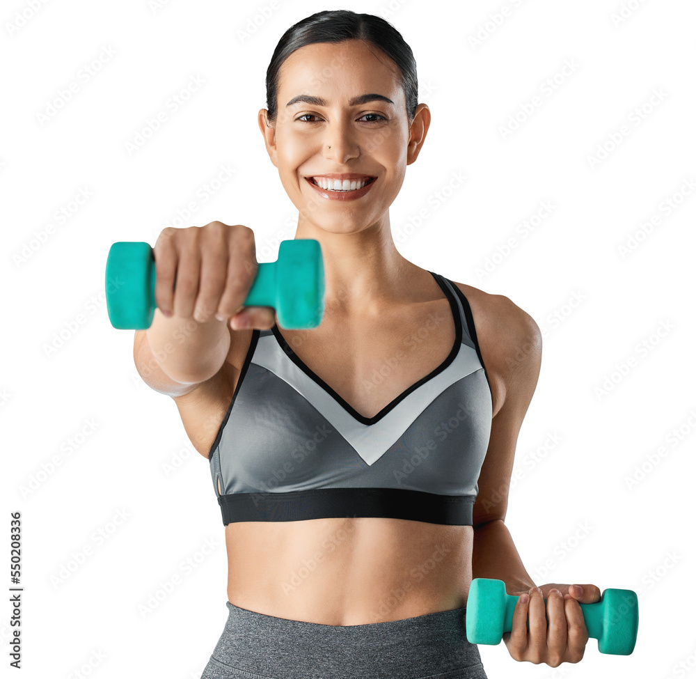 Studio portrait of a sporty young woman exercising with dumbbells isolated on a transparent png back