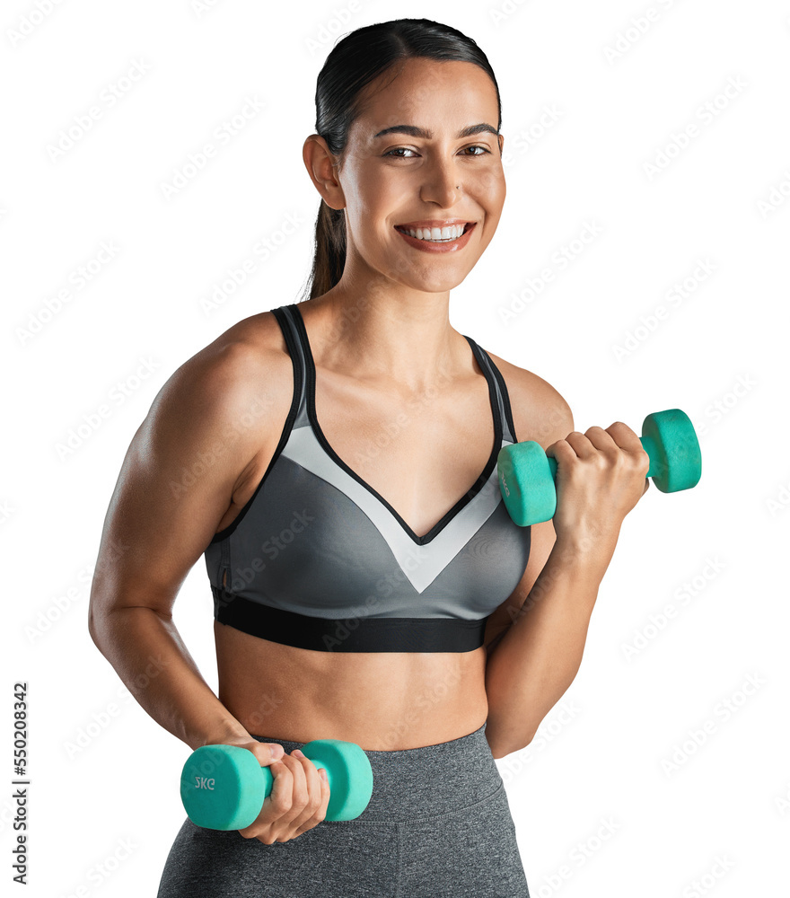 Studio portrait of a sporty young woman exercising with dumbbells isolated on a transparent png back