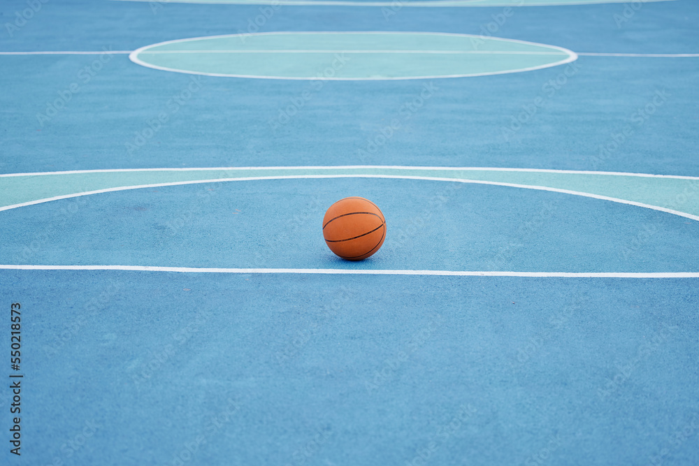 Basketball sport ball in empty basketball court to play, train and practice for tournament game and 