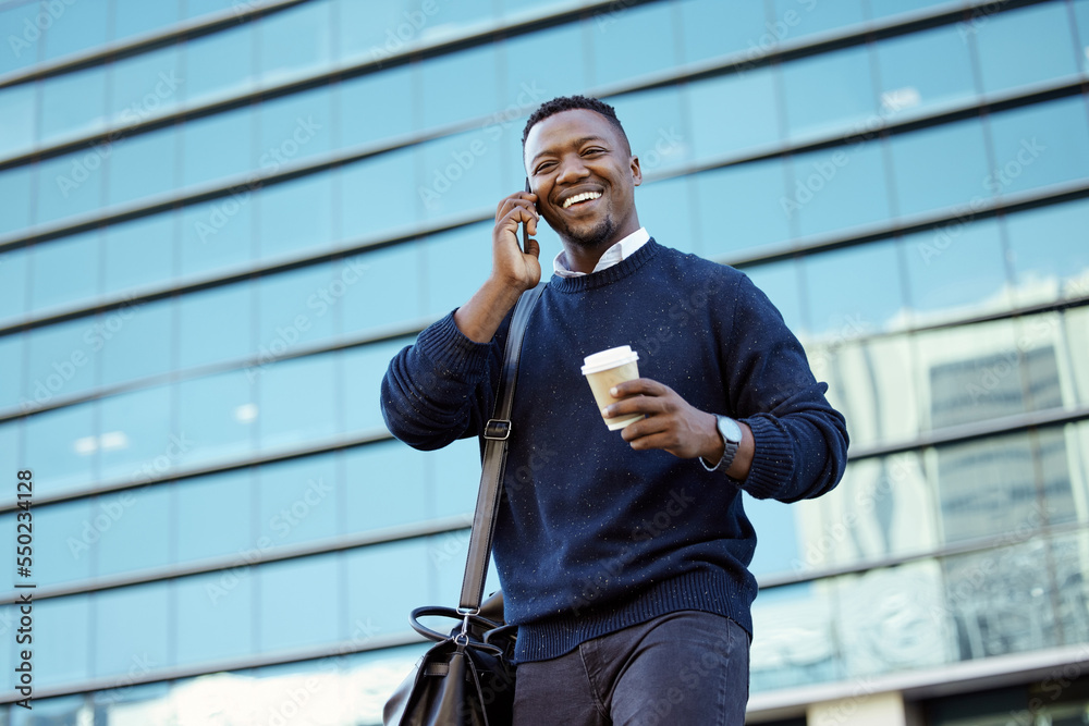 Coffee break and businessman on phone call with smile, talking or having business communication onli