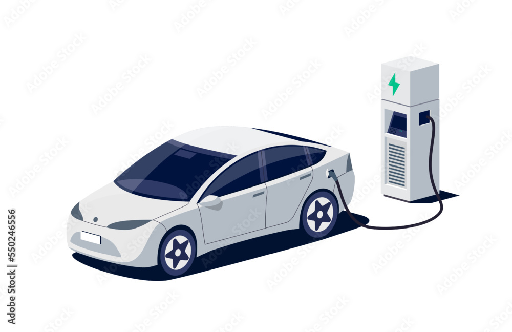 Modern electric sedan car charging parking at fast charger ev station with a plug in cable. Electrif