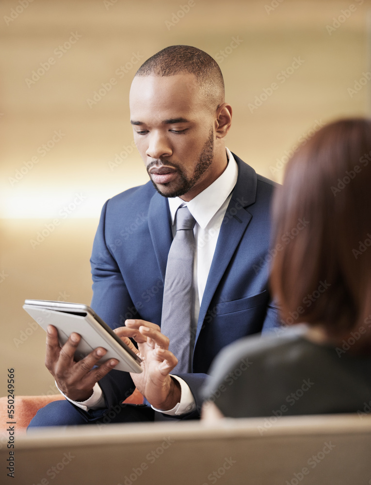 Tablet, schedule and businessman in a meeting with a woman for startup company advice or coaching. T