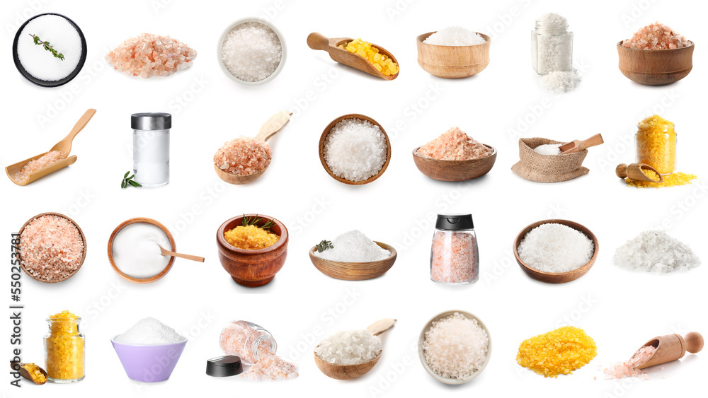 Collection of different salt on white background