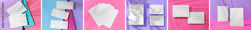 Collage of blank paper sheets on color background