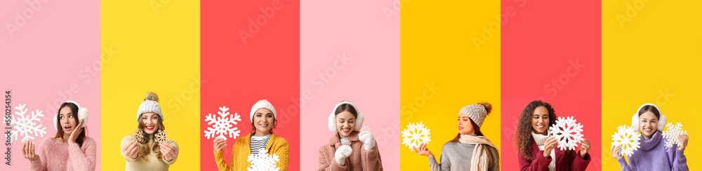 Set of happy women in winter clothes and with snowflakes on color background