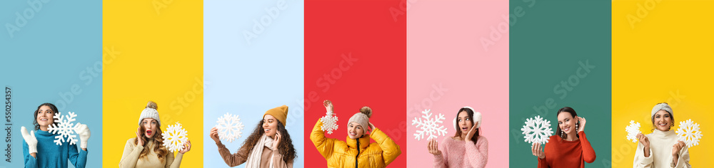 Collage of young women in winter clothes and with snowflakes on color background