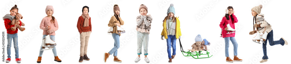 Collection of stylish little children in winter clothes on white background