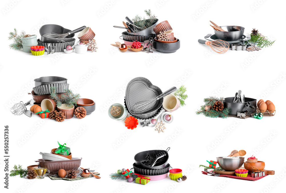 Group of kitchen utensils and products for Christmas bakery on white background