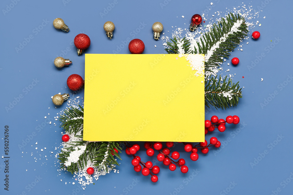 Composition with blank card, Christmas decorations, fir branches and snow on color background