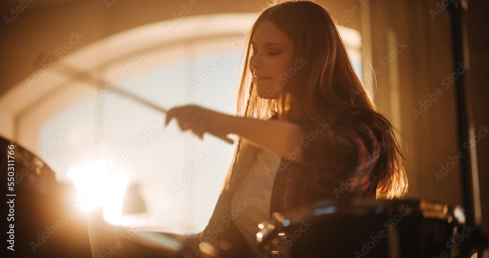 Close Up Portrait of a Beautiful Young Drummer Playing at a Band Rehearsal, Doing Tricks with Drumst