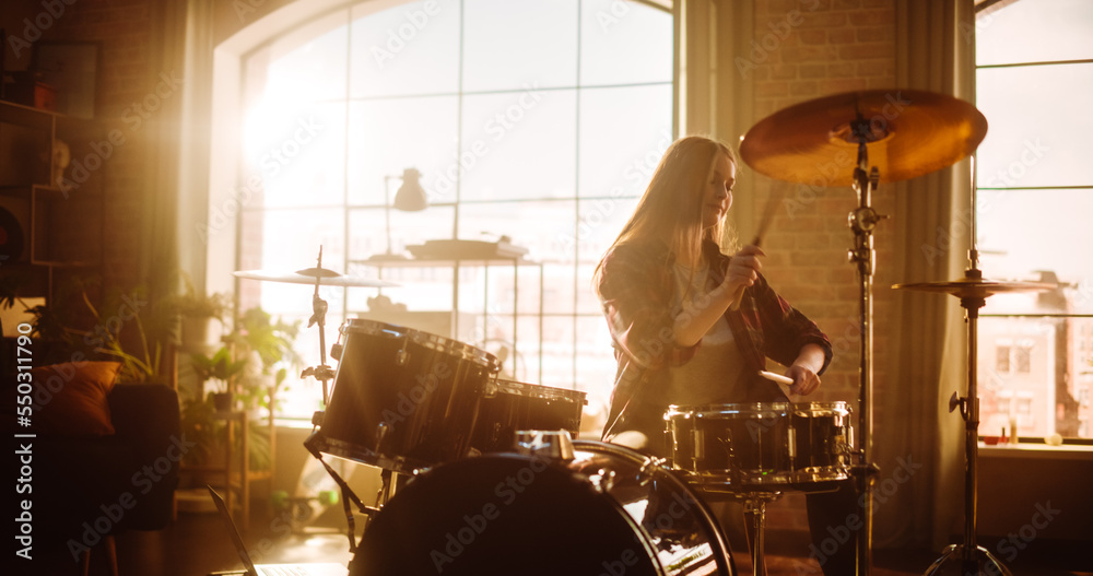 Portrait of a Beautiful Young Drummer Playing at a Band Rehearsal, Doing Tricks with Drumsticks. Lea