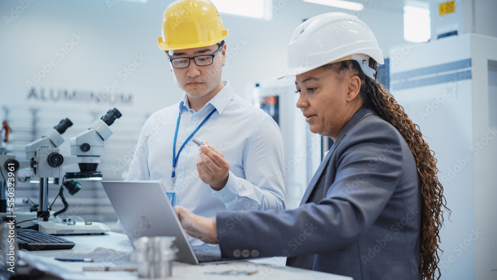 Two Professional Diverse Multiethnic Heavy Industry Specialist in Hard Hats Using a Laptop Computer 