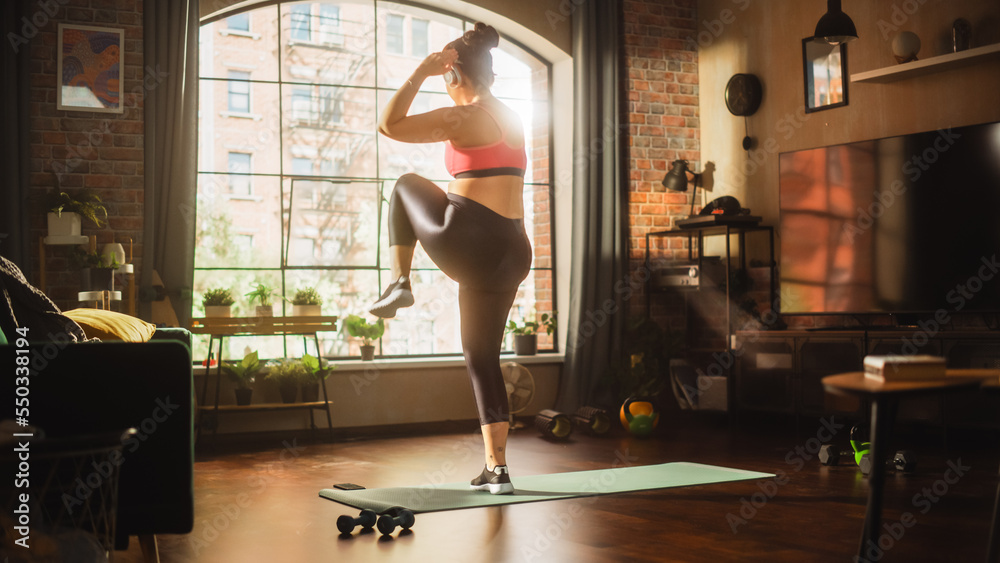 Beautiful Athletic Plus Size Body Positive Sports Woman Doing Aerobic Exercises, Squatting and Knees