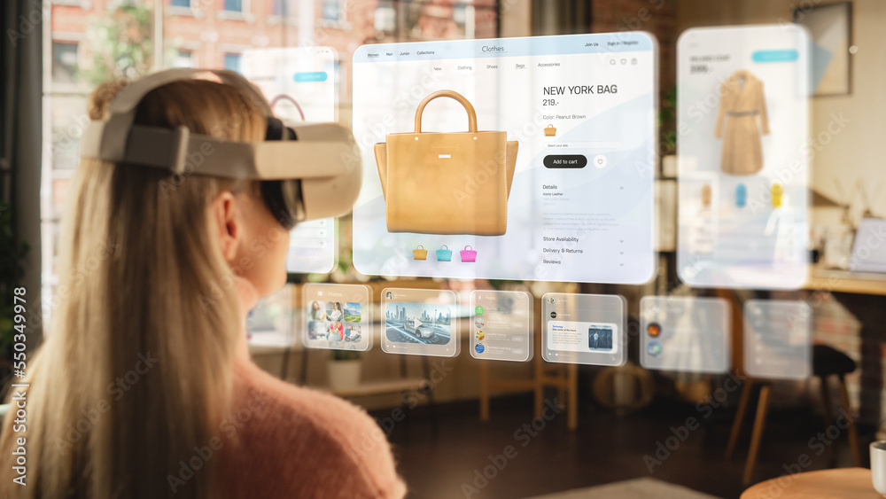 Metaverse Futuristic Concept: Woman Using Virtual Reality Headset to Shop Online from Home while Sit