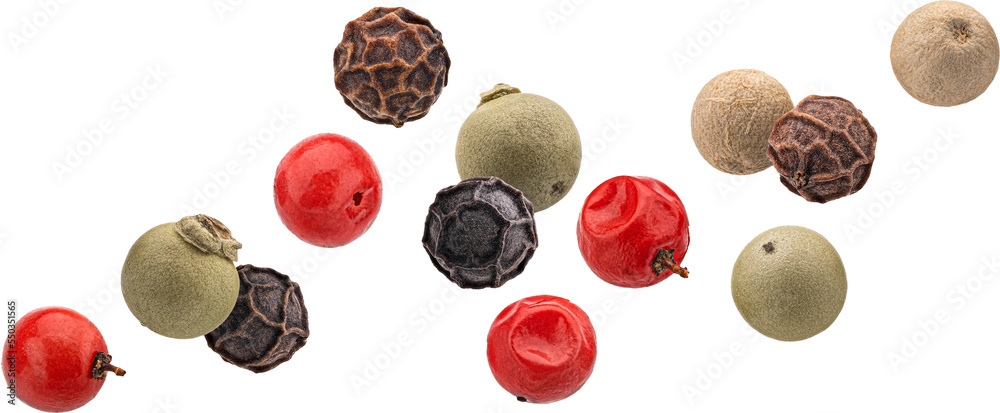 Falling peppercorns isolated