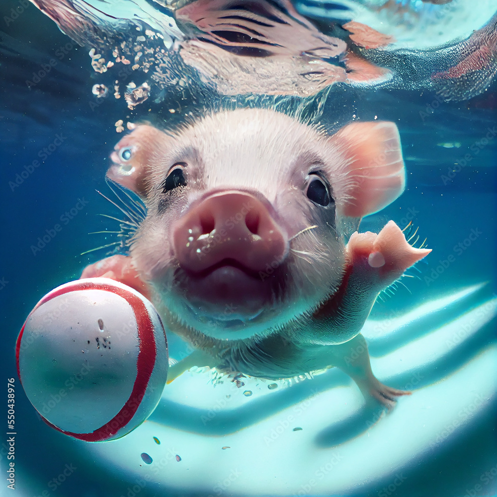 cute little pig dive underwater