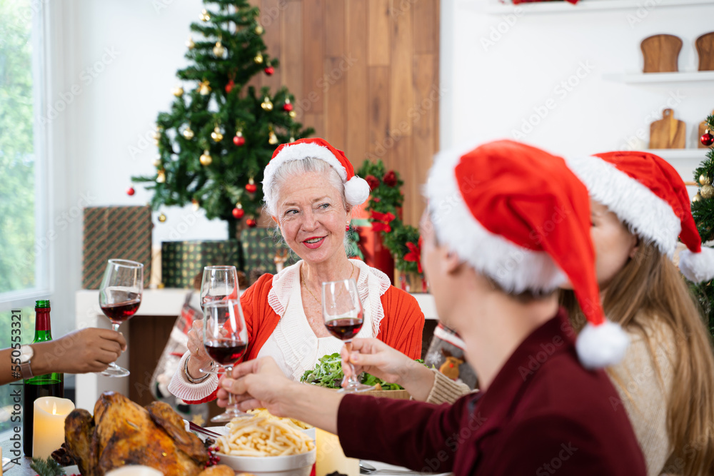 Old woman clinking glasses while celebrating christmas with family.