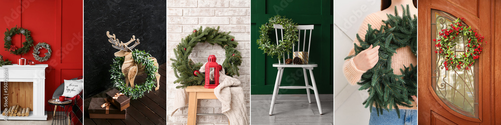 Collection of beautiful Christmas wreaths in home interiors