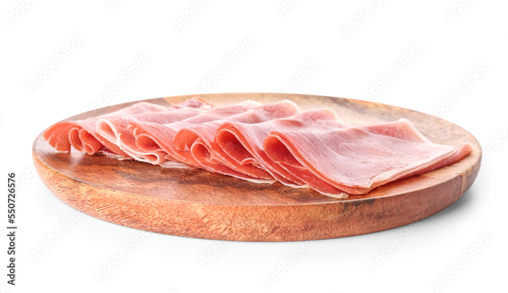 Wooden board with slices of delicious ham on white background