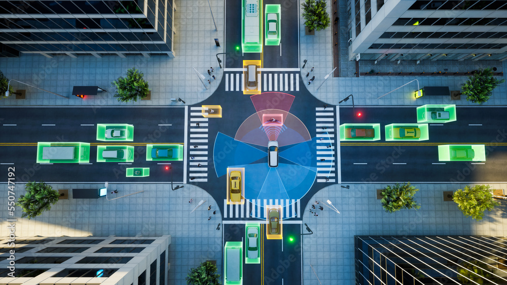 Autonomous car self driving on city street, Smart vehicle technology concept, 3d render