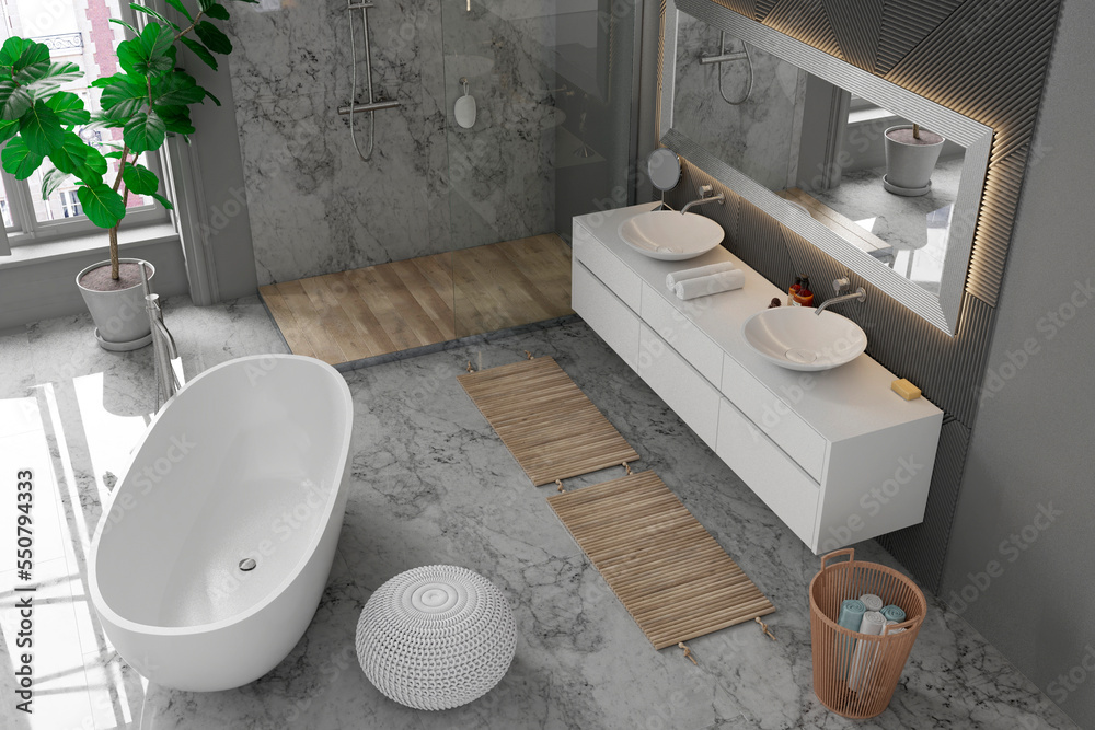 Modern bathroom interior with wooden decor in eco style. 3D Render