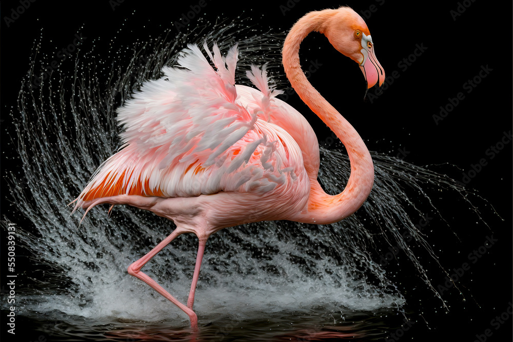 Pink flamingo dancing in the water. Digital art