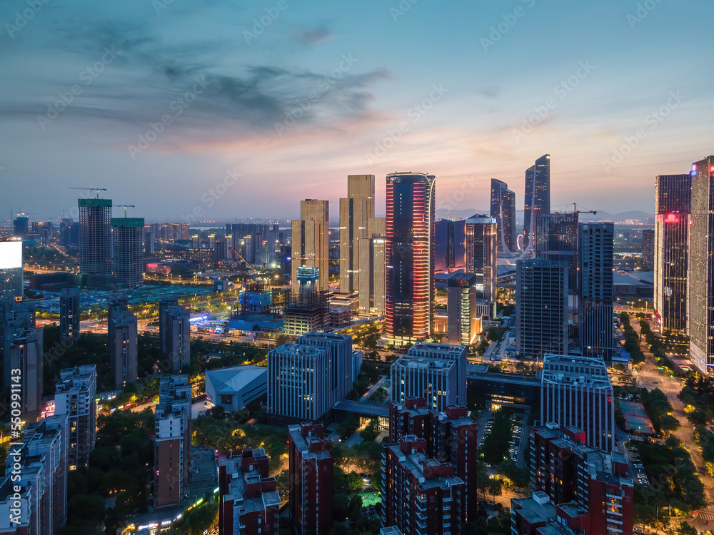 Aerial photography of the night view of modern architectural landscape in Nanjing, China