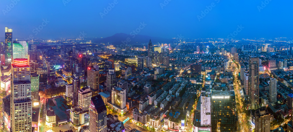 中国南京现代建筑景观夜景航拍