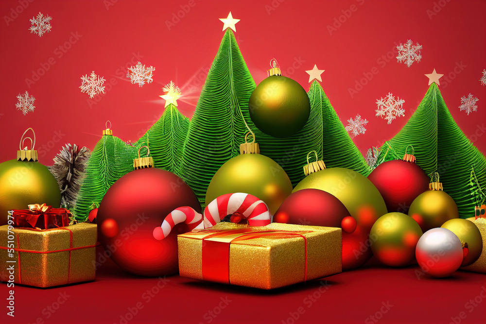 Christmas festival decoration with gift boxes pile, ribbon and spectacular christmas tree for giving