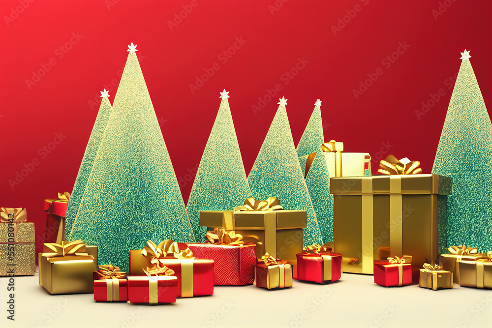 Christmas festival decoration with gift boxes pile, ribbon and spectacular christmas tree for giving