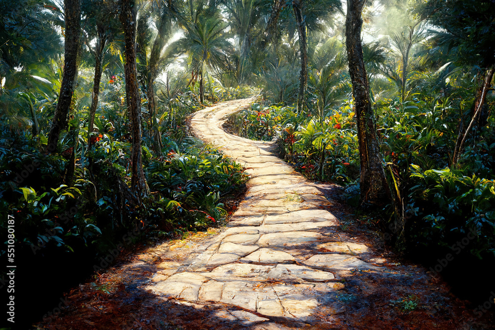 AI generated panoramic view of paradise tropical landscape with pathway through natural scenery with