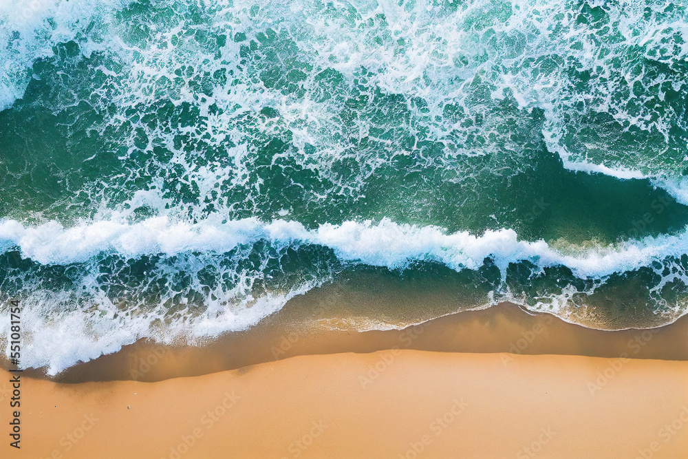 AI generated image top view from drone photo of beautiful beach with relaxing sunlight, sea water wa