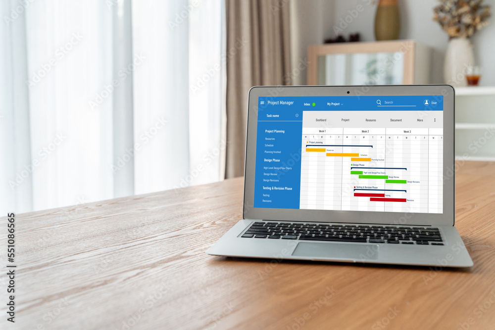 Project planning software for modish business project management on the computer screen showing time