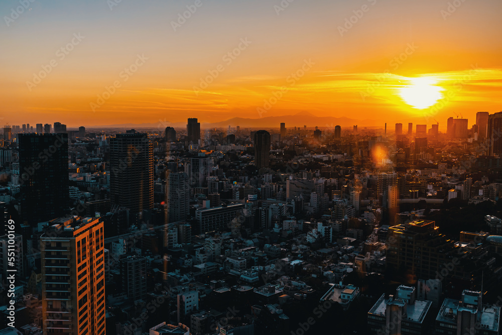 Aerial view of the skyline and cityscape at sunset in Minato, Tokyo, Japan