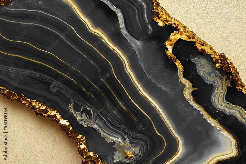 Abstract art background with a fluid marble black and gold texture. Splendid AI generated image luxu