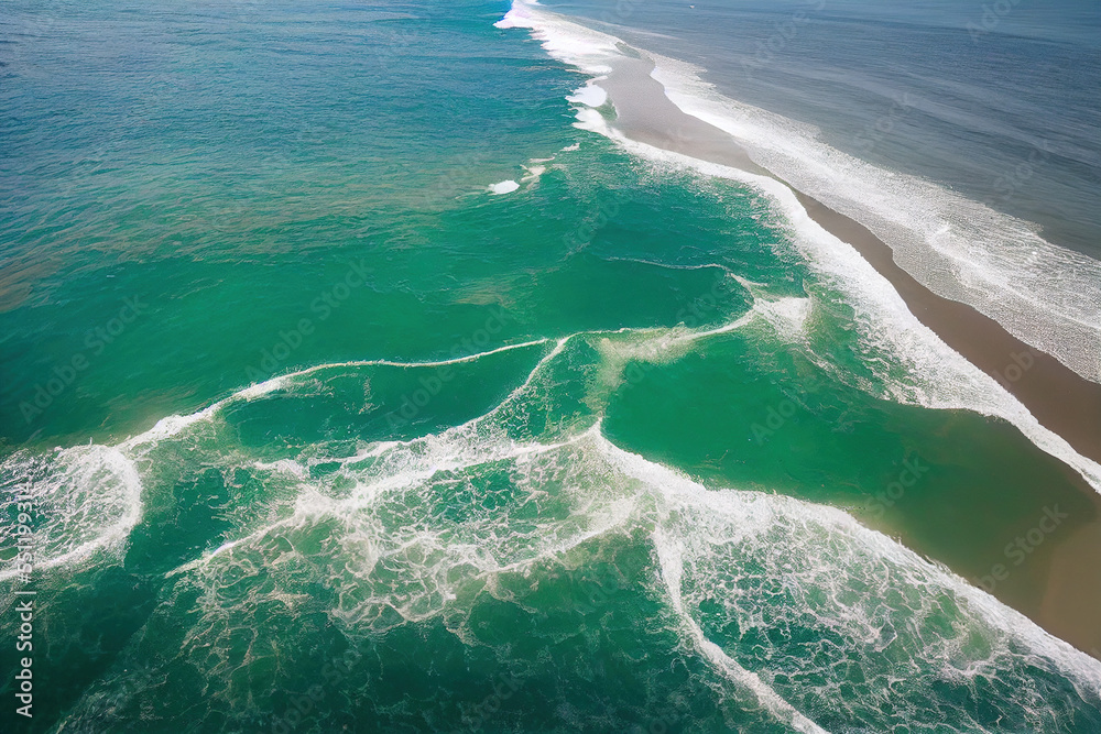 AI generated image top view from drone photo of beautiful beach with relaxing sunlight, sea water wa