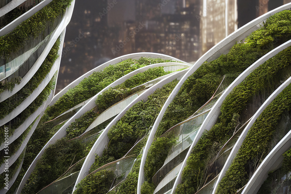 Splendid environmental awareness city with vertical forest concept of metropolis covered with green 